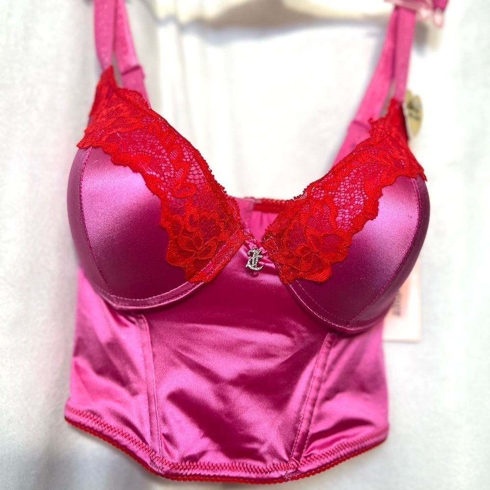 🩷❤️Juicy Couture 34B Bra Corset Push Up Hot Pink Red Satin Lace Underwire-NWT🩷❤️ - Picture 7 of 10